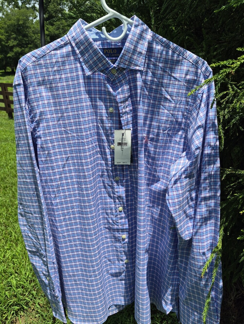 MENS Polo by Ralph Lauren Blue and Pink Plaid Shirt Size LARGE NEW WITH TAGS